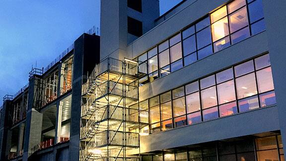 A commercial building with glass exteriors