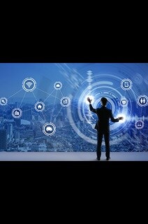 A man in business formals touching a smart screen displaying digital icons