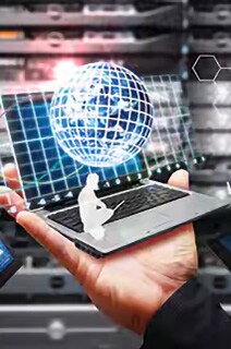 Person holding a laptop overlaid with digital icons