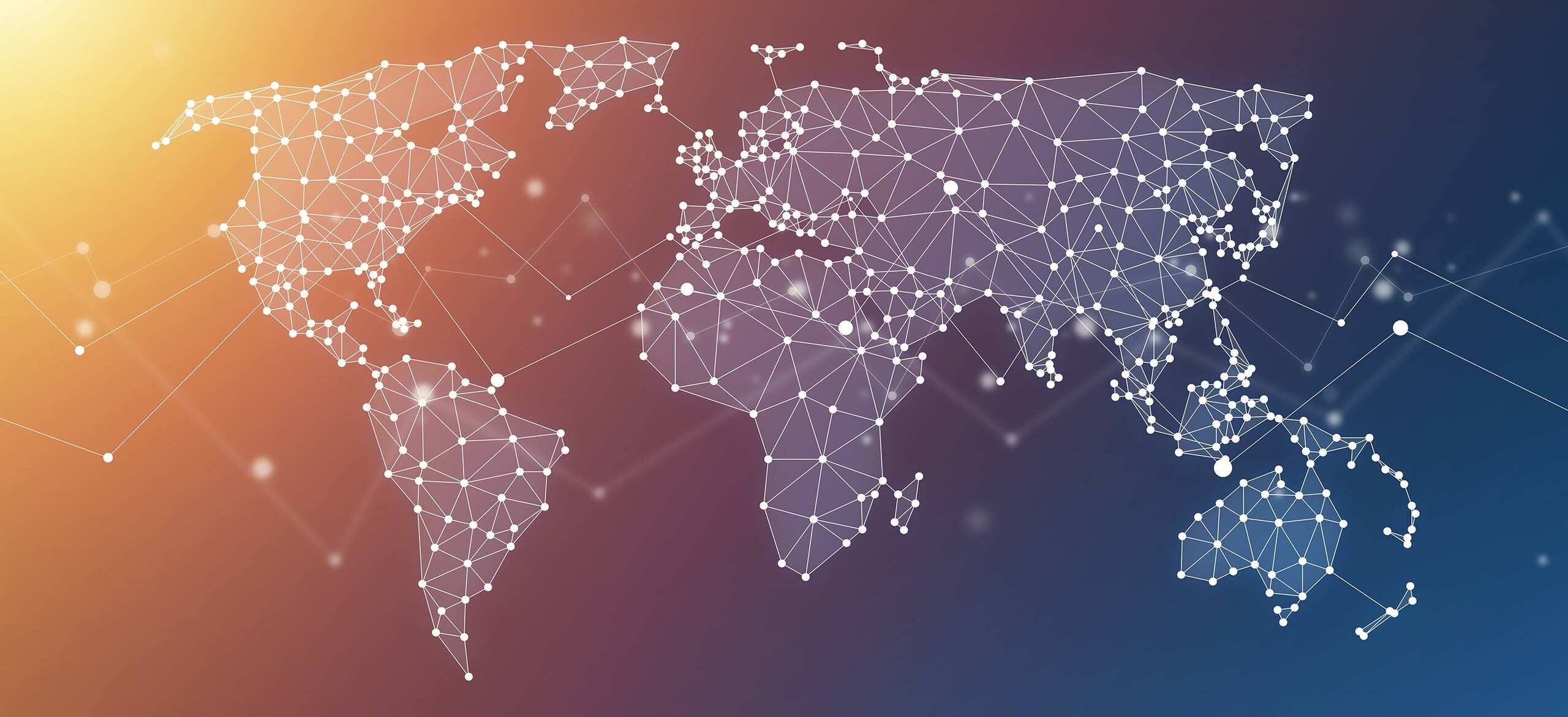 3D rendering of the world map with communication lines connecting the cities