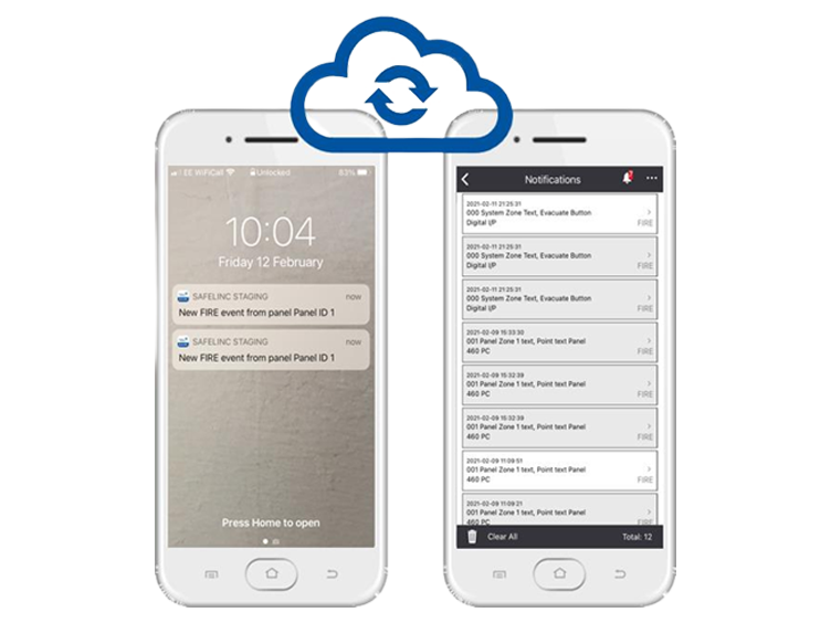 Mobile device displaying SafeLINC cloud service for fire alarm management