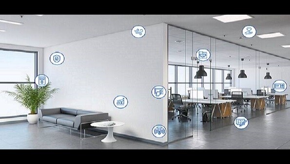 View of a empty corporate office with icons in the foreground