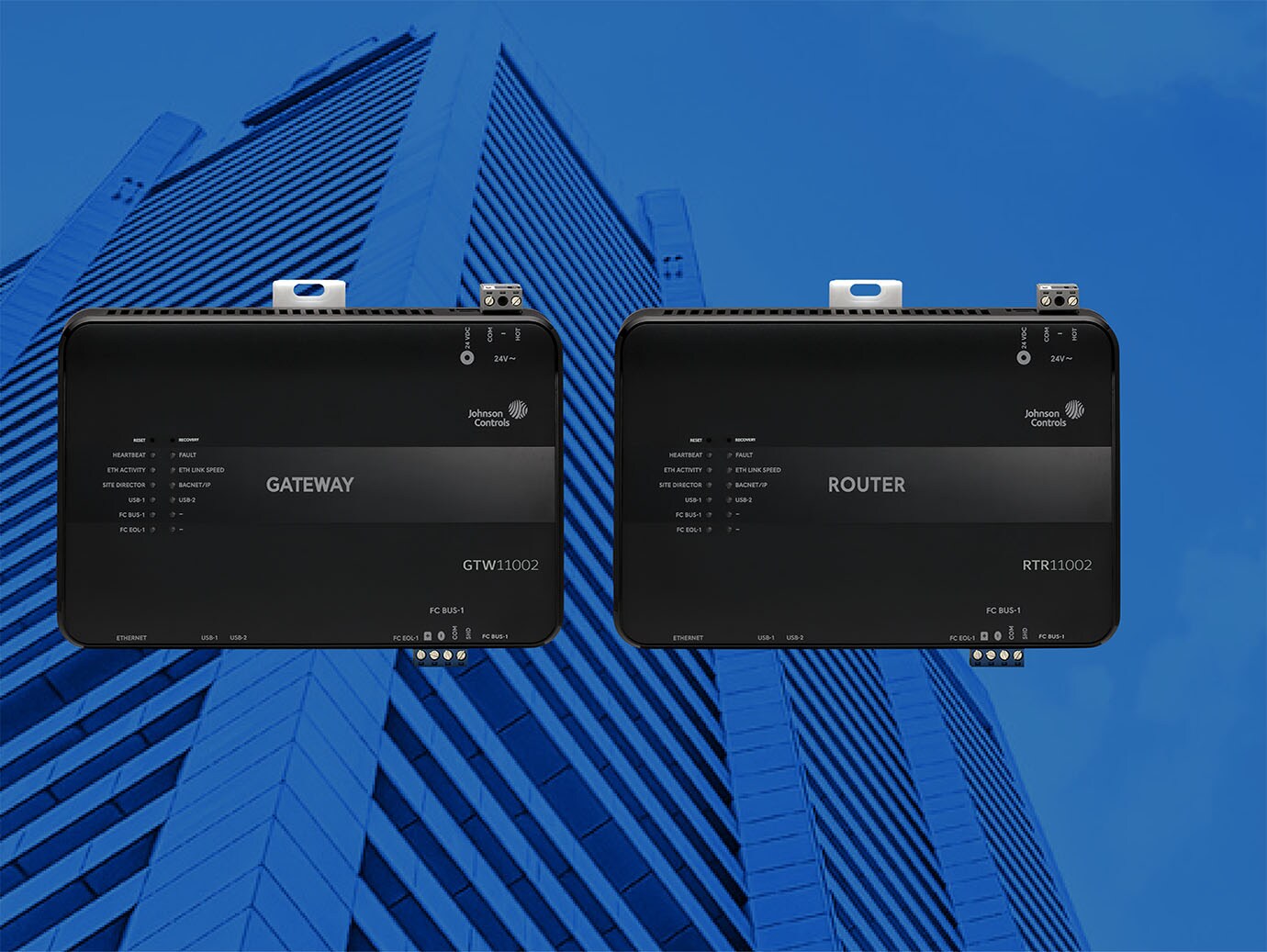 Gateway and Router hardware display with frog's eye view of skyscrapers in blue light as background