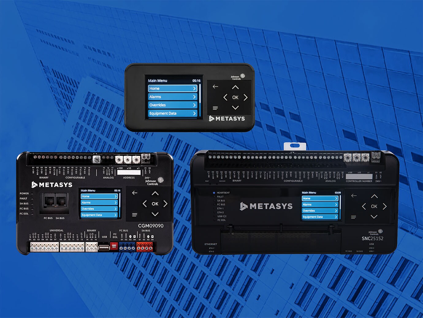 Metasys controllers with Frog's eye view of skyscrapers in blue light as background