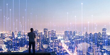 Man alone over top skyscraper