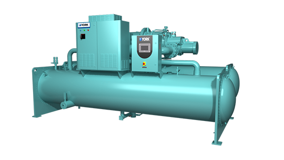 A YORK YVWH VSD screw compressor on a white background