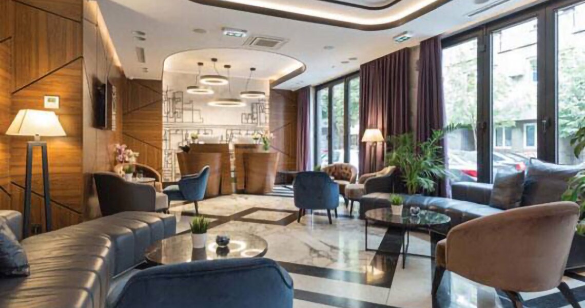 Reception area of an upscale hotel