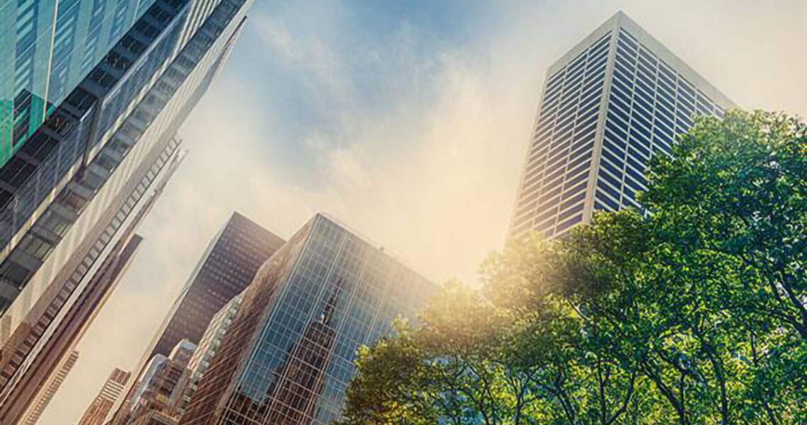 Low-angle view of a group of commercial buildings surrounded by greenery