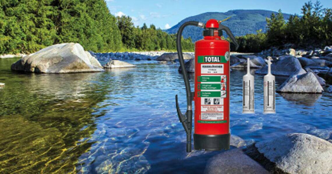 A fluorine-free extinguishing agent and a cartridge system overlaid on an image of a clear stream of water