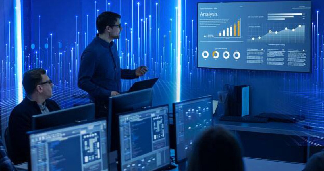 Group of men presenting in an office with an overlay of transmission nodes
