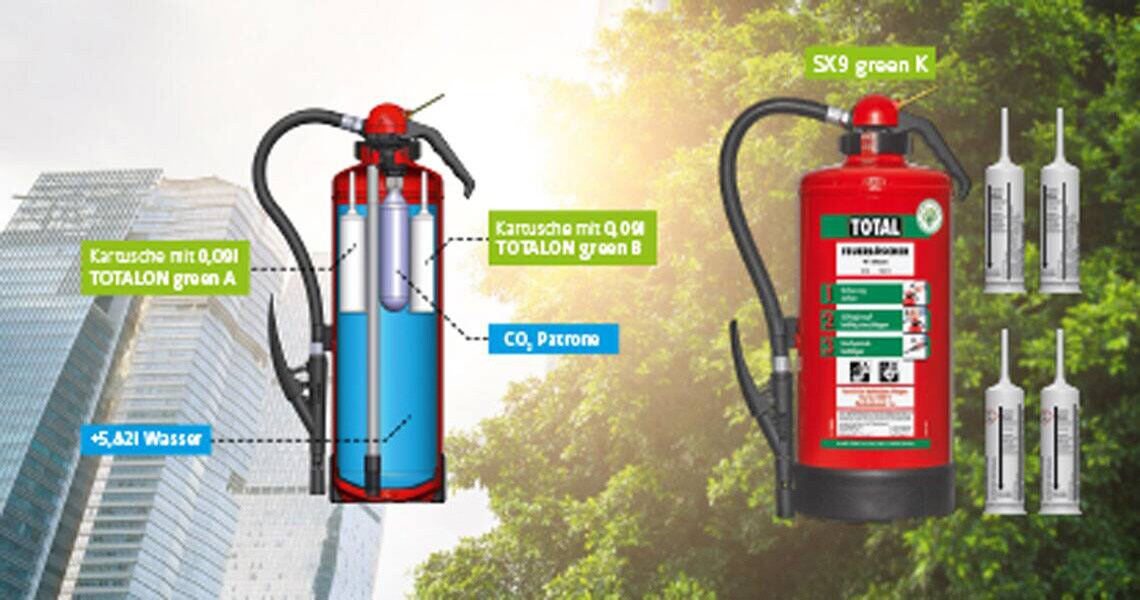 Two fluorine-free extinguishing agent and a cartridge system overlaid on an image of buildings surrounded by greenery