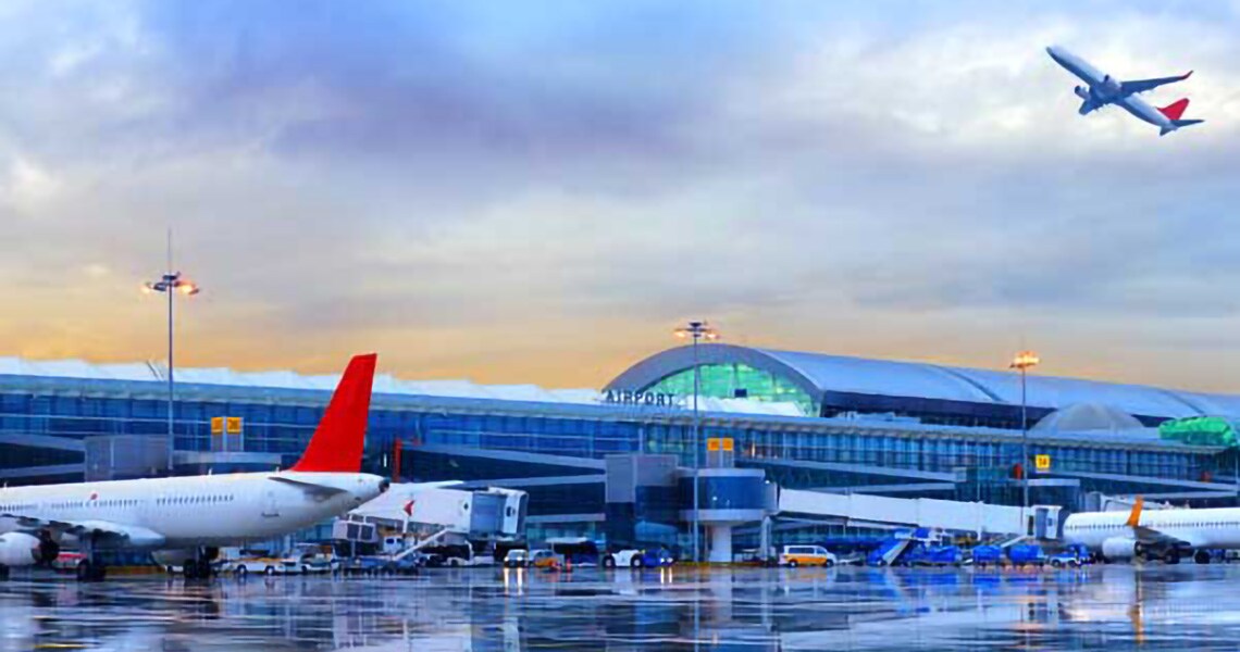 Fleet of aeroplanes in an airport