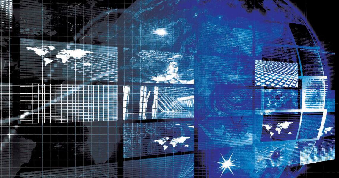 Graphic image of a globe overlaid with global communication and advanced technology illustrations