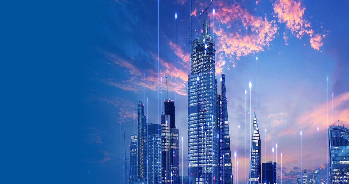 Cityscape full of skyscrapers with a deep blue overlay on the left