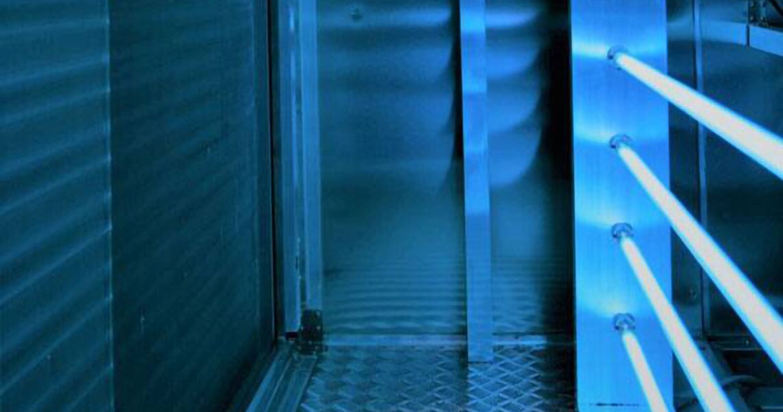 Ultraviolet germicidal irradiation equipment installed in an HVAC shaft