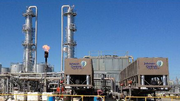 Johnson Controls refrigeration machinery installed in an outdoor space