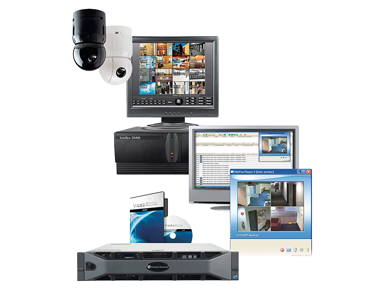 Access control hardware display like the security cameras, security interface units and analytics on monitor