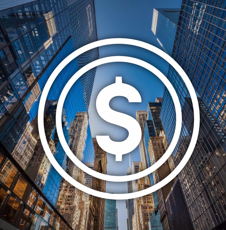 Dollar symbol overlaid on an image of a business area